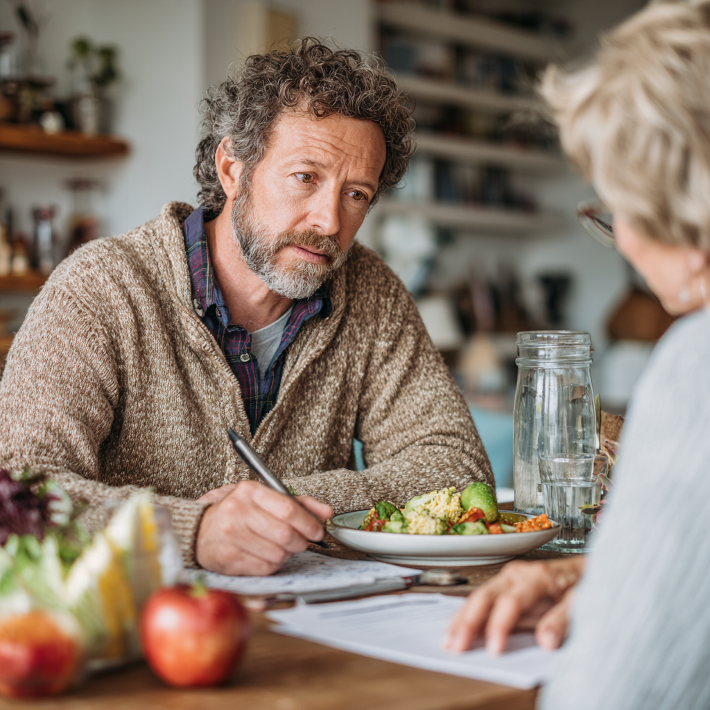 Mature adult man consulting with nutrition specialist over healthy meal plan