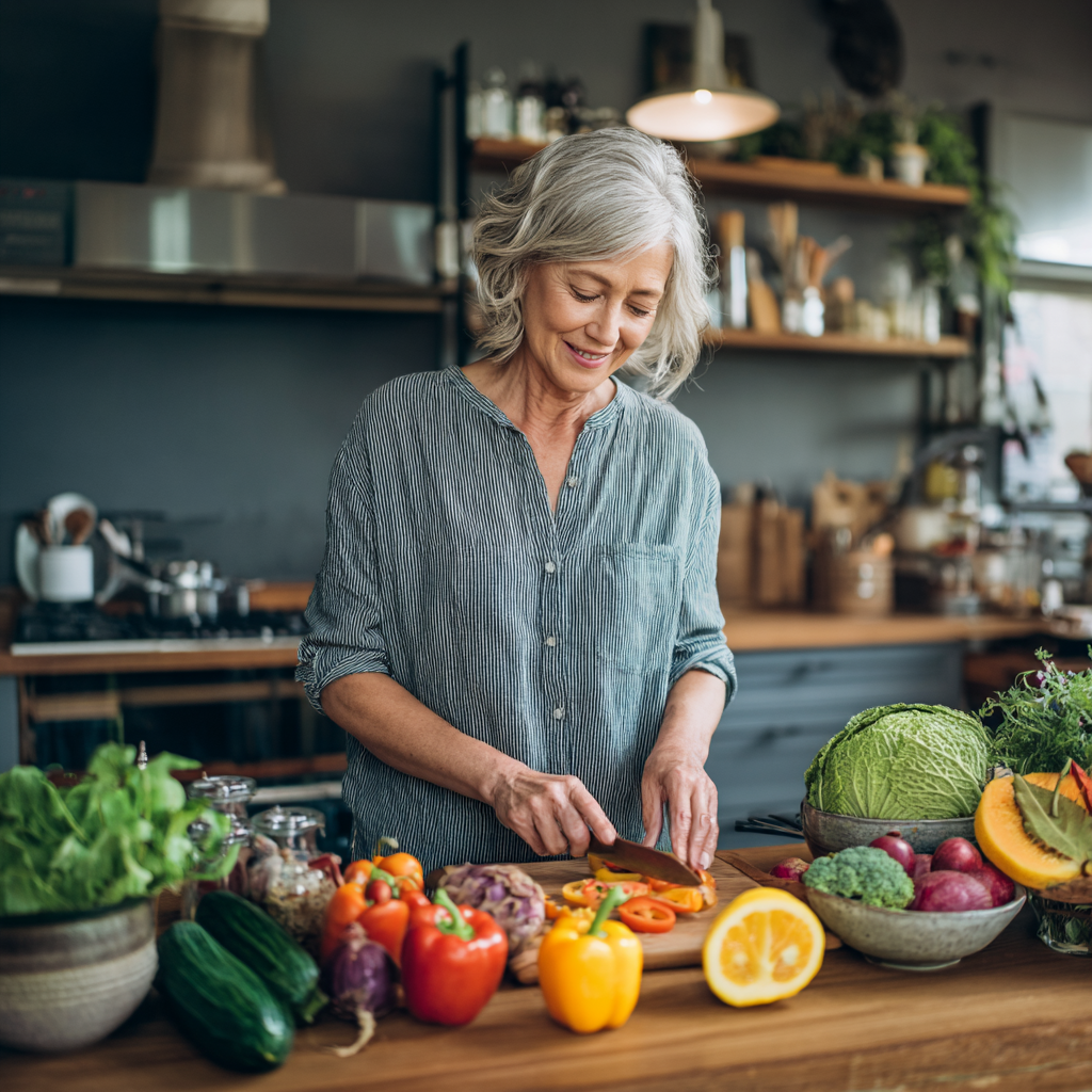 Middle-aged woman preparing healthy colorful meal in modern kitchen